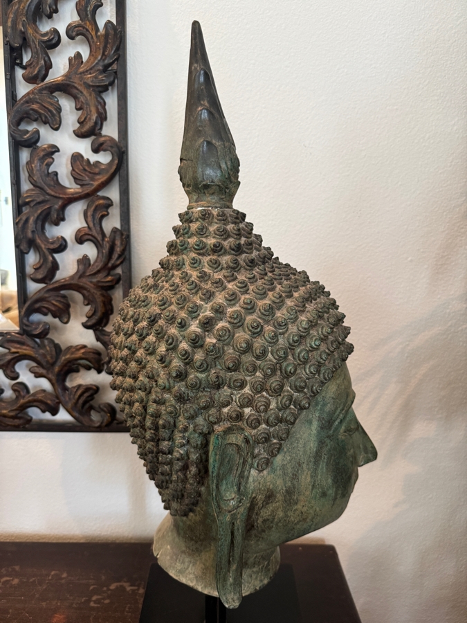 Large Thai Bronze Buddha Head Sculpture With Verdigris Patina On Black Museum Stand 28'H [Photo 3]