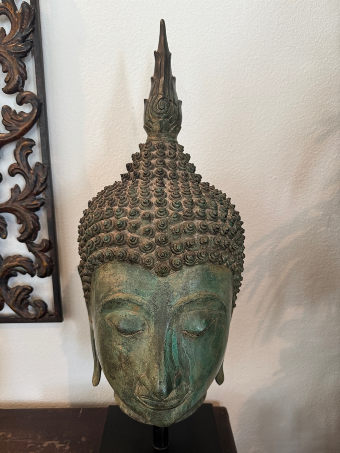 Large Thai Bronze Buddha Head Sculpture With Verdigris Patina On Black Museum Stand 28'H [Photo 4]