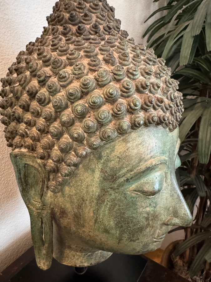 Large Thai Bronze Buddha Head Sculpture With Verdigris Patina On Black Museum Stand 28'H [Photo 6]