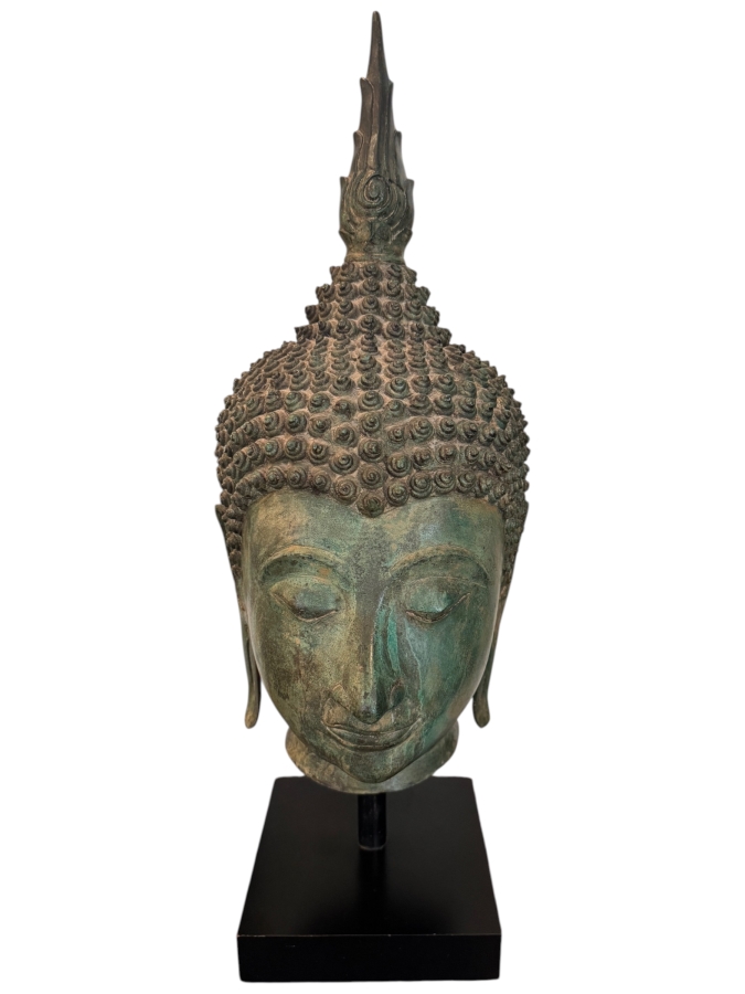 Large Thai Bronze Buddha Head Sculpture With Verdigris Patina On Black Museum Stand 28'H [Photo 2]