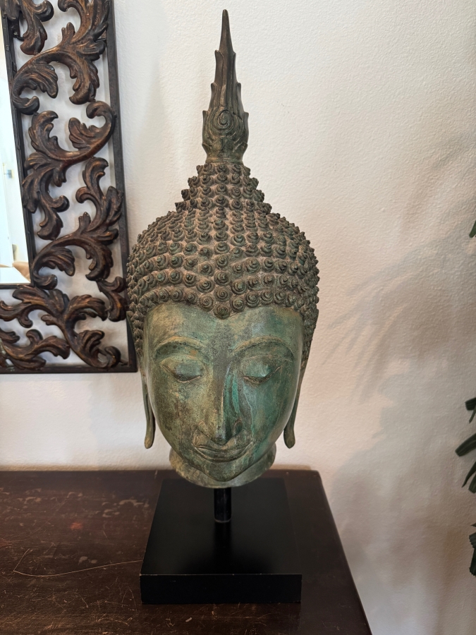 Large Thai Bronze Buddha Head Sculpture With Verdigris Patina On Black Museum Stand 28'H