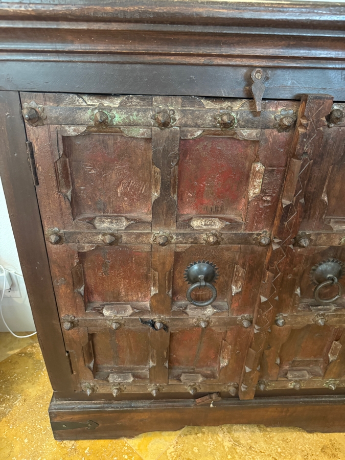 Vintage Indian Wooden Sideboard Crafted From Reclaimed Antique Doors Featuring Hand-Carved Sunken Panels Decorative Iron Studs And Hand-Forged Ring Pulls In A Distressed Finish 77'W X 17'D X40'H [Photo 3]