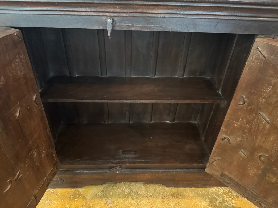 Vintage Indian Wooden Sideboard Crafted From Reclaimed Antique Doors Featuring Hand-Carved Sunken Panels Decorative Iron Studs And Hand-Forged Ring Pulls In A Distressed Finish 77'W X 17'D X40'H [Photo 4]