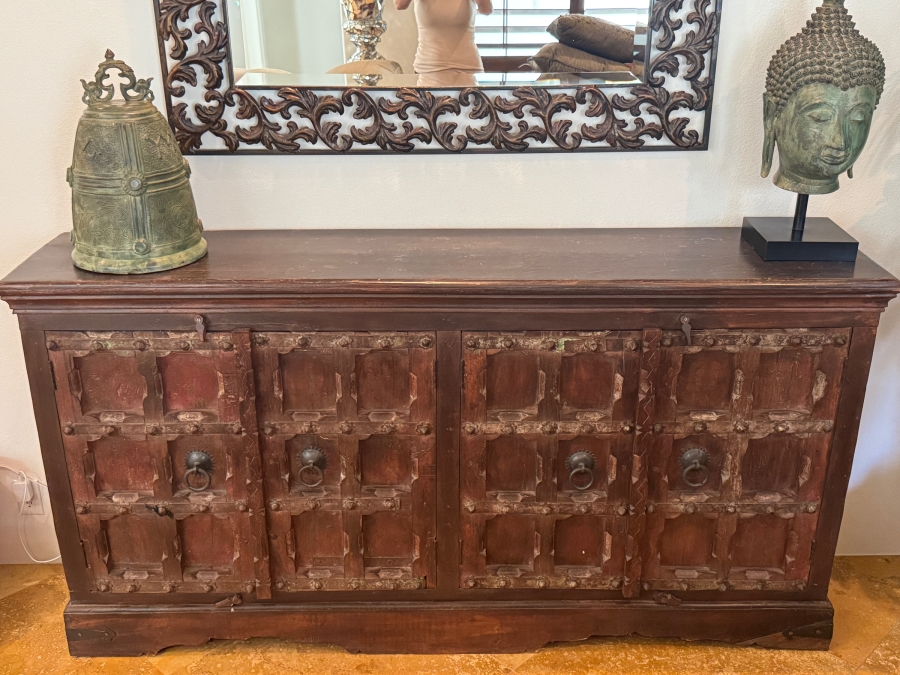 Vintage Indian Wooden Sideboard Crafted From Reclaimed Antique Doors Featuring Hand-Carved Sunken Panels Decorative Iron Studs And Hand-Forged Ring Pulls In A Distressed Finish 77'W X 17'D X40'H [Photo 2]