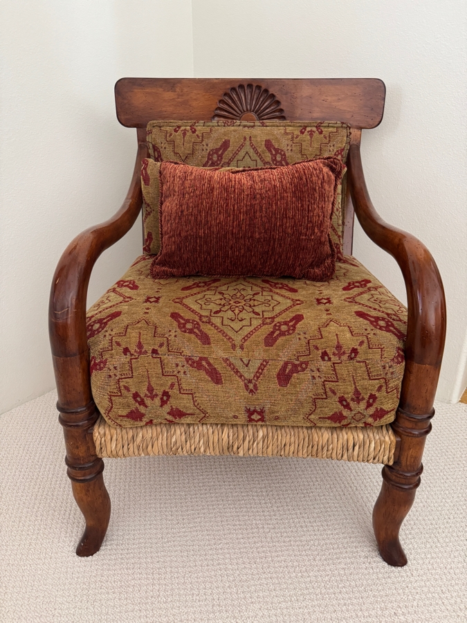 Vintage British Colonial Style Wooden Accent Chair With Woven Seagrass Base And Shell Carved Crest 27'W X 29'D X 37'H [Photo 3]