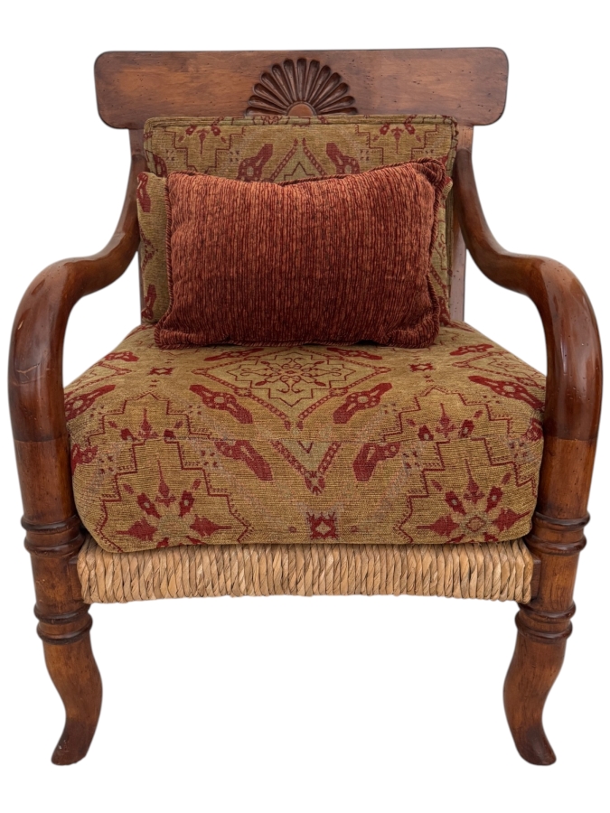Vintage British Colonial Style Wooden Accent Chair With Woven Seagrass Base And Shell Carved Crest 27'W X 29'D X 37'H