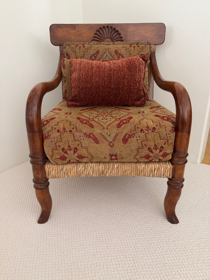 Vintage British Colonial Style Wooden Accent Chair With Woven Seagrass Base And Shell Carved Crest 27'W X 29'D X 37'H [Photo 2]