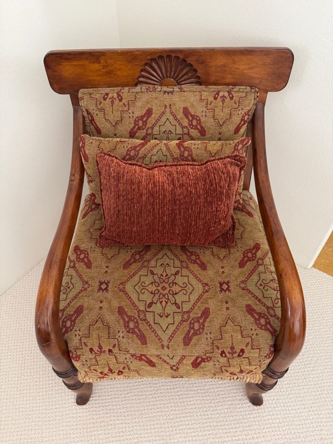 Vintage British Colonial Style Wooden Accent Chair With Woven Seagrass Base And Shell Carved Crest 27'W X 29'D X 37'H [Photo 4]