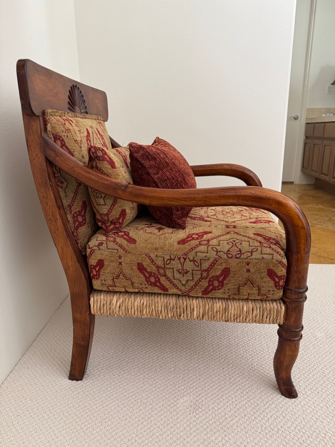 Vintage British Colonial Style Wooden Accent Chair With Woven Seagrass Base And Shell Carved Crest 27'W X 29'D X 37'H [Photo 5]
