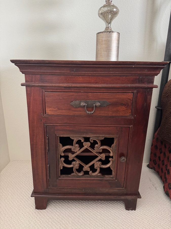 Pair Of Indian Carved Acacia Wooden Nightstands Bedside Tables With Single Drawer And Cabinet 24'W X 16'D X 30'H  [Photo 3]