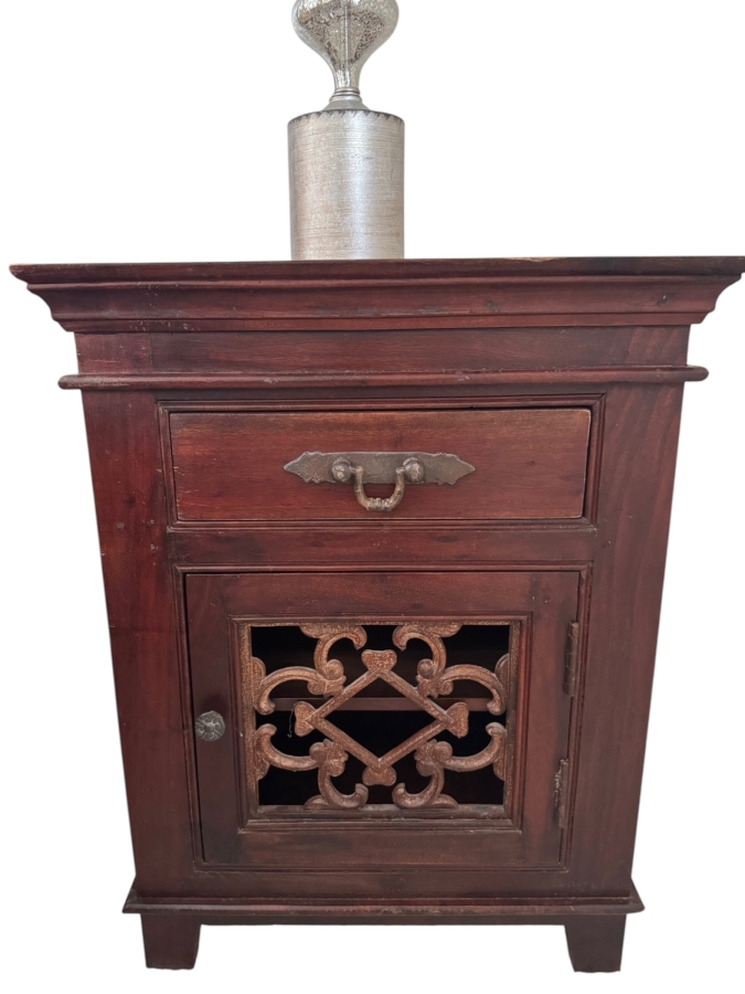 Pair Of Indian Carved Acacia Wooden Nightstands Bedside Tables With Single Drawer And Cabinet 24'W X 16'D X 30'H 