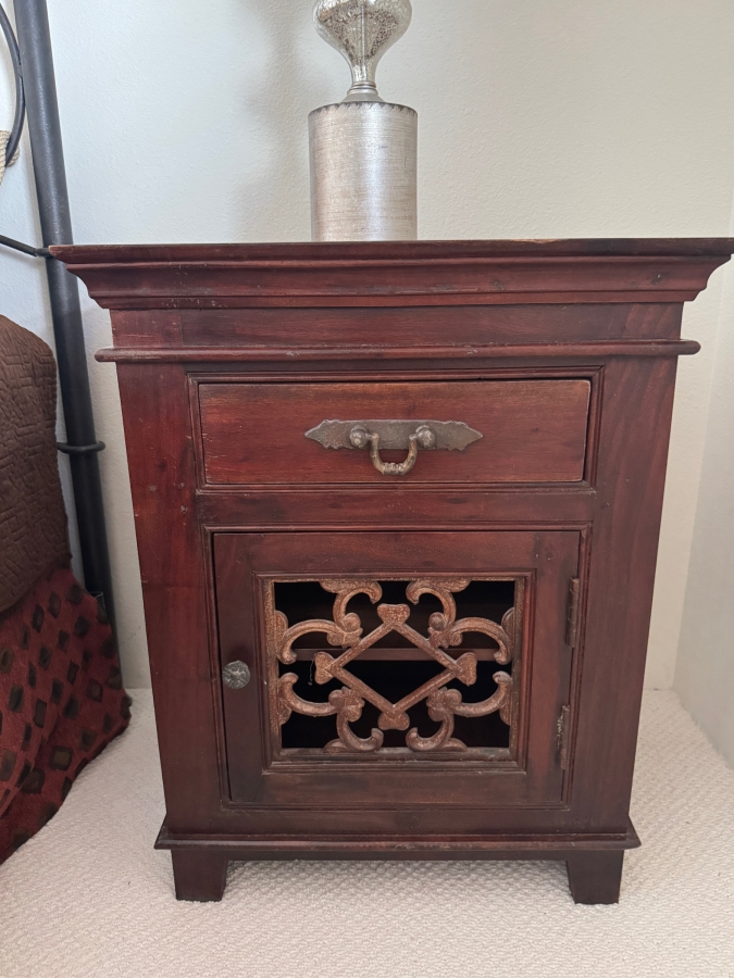Pair Of Indian Carved Acacia Wooden Nightstands Bedside Tables With Single Drawer And Cabinet 24'W X 16'D X 30'H  [Photo 2]