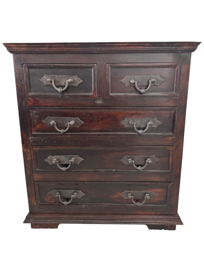 Vintage Solid Indian Mango Wood 5-Drawer Chest Of Drawers Dresser With Hand-Forged Iron Hardware 34'W X 19'D X 38'H