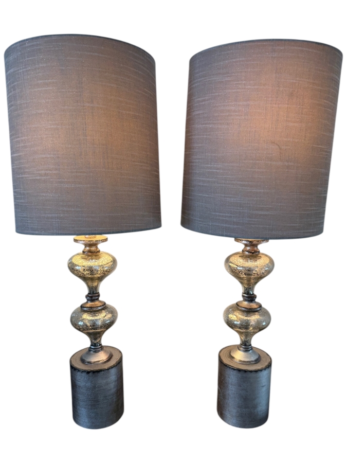 Pair Of Modern Transitional Table Lamps With Antiqued Silver Mercury Glass Spindle Bases On Brushed Pewter Pedestals With Textured Gray Linen Drum Shades 31'H