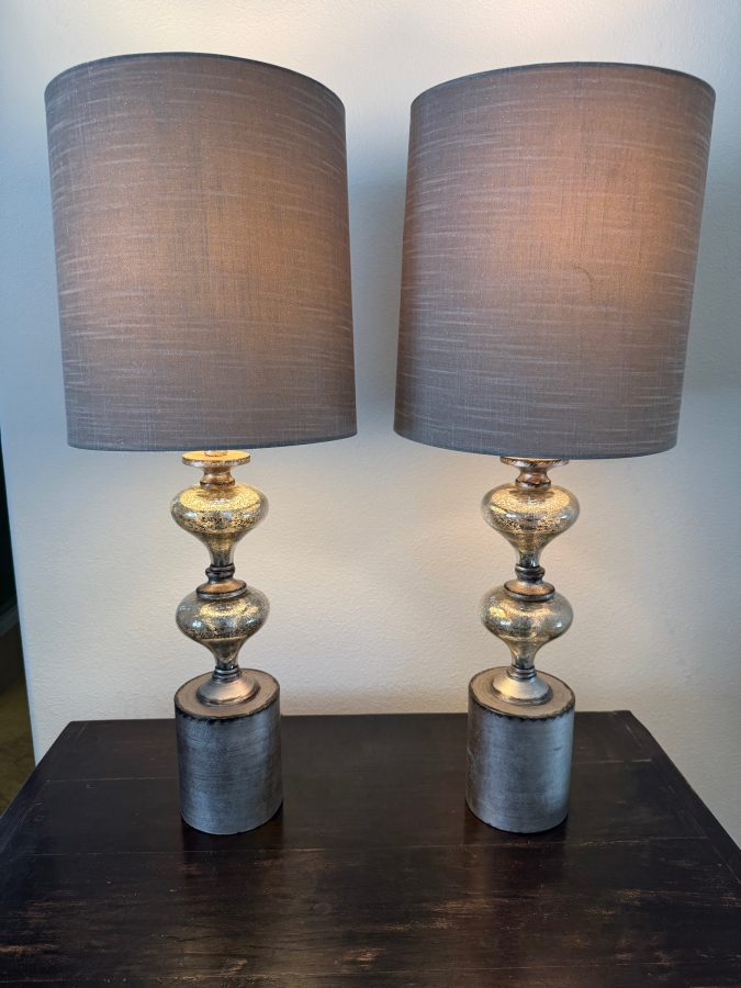 Pair Of Modern Transitional Table Lamps With Antiqued Silver Mercury Glass Spindle Bases On Brushed Pewter Pedestals With Textured Gray Linen Drum Shades 31'H [Photo 2]