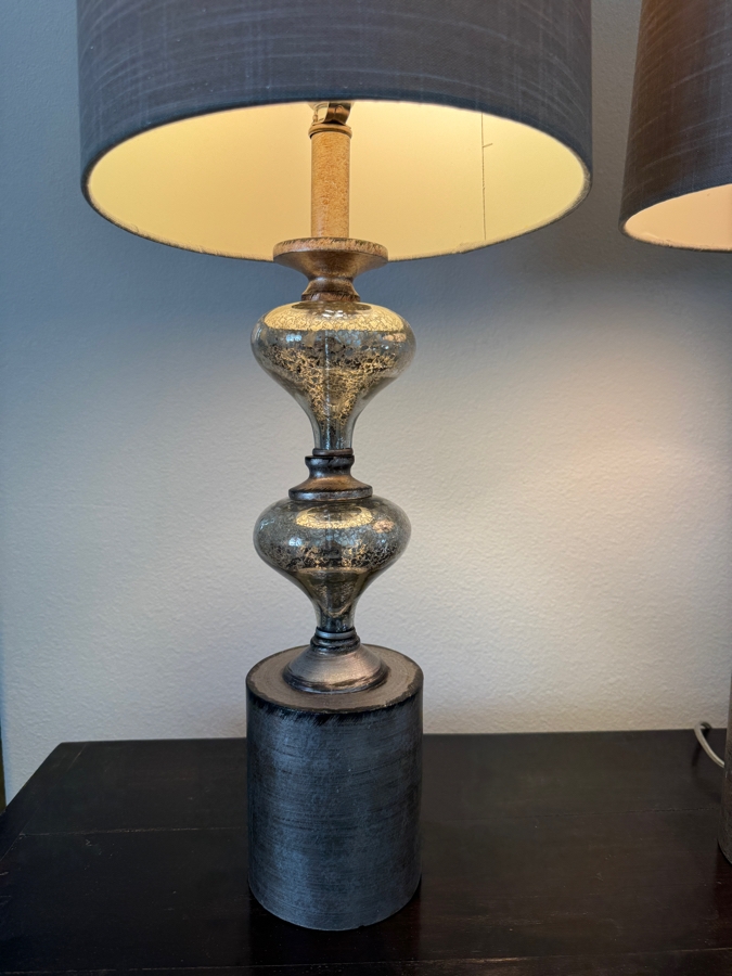 Pair Of Modern Transitional Table Lamps With Antiqued Silver Mercury Glass Spindle Bases On Brushed Pewter Pedestals With Textured Gray Linen Drum Shades 31'H [Photo 4]