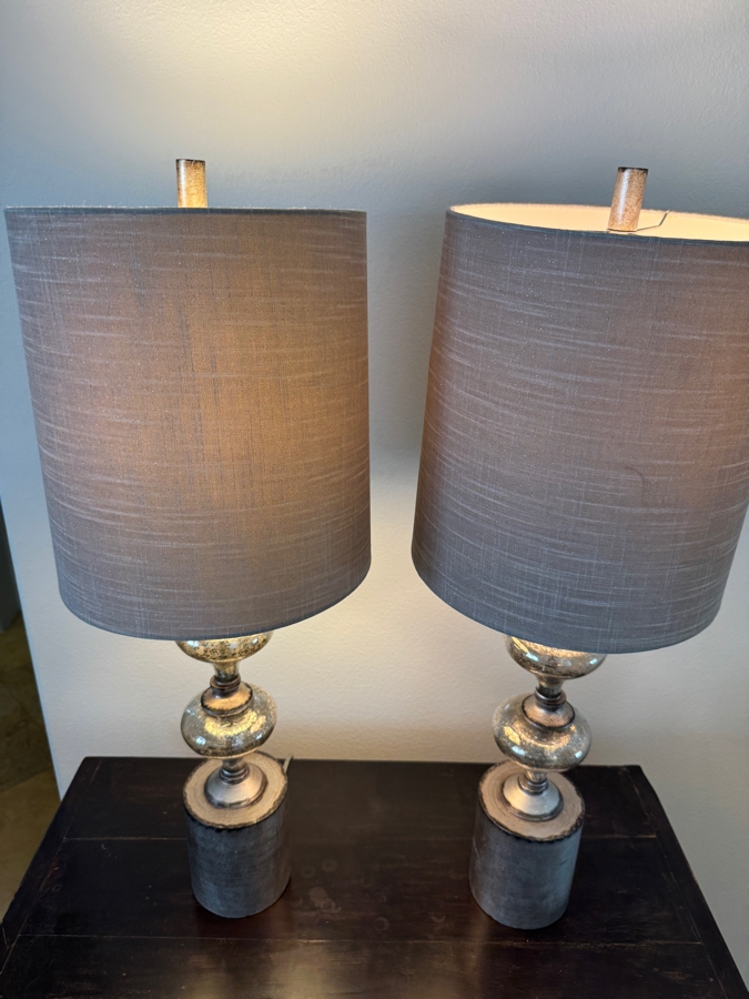 Pair Of Modern Transitional Table Lamps With Antiqued Silver Mercury Glass Spindle Bases On Brushed Pewter Pedestals With Textured Gray Linen Drum Shades 31'H [Photo 3]