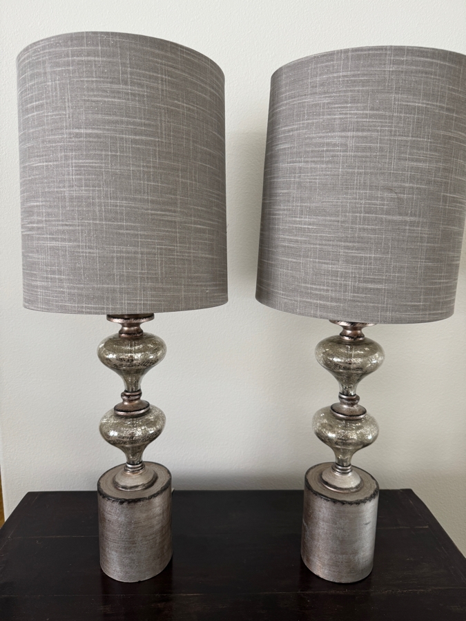 Pair Of Modern Transitional Table Lamps With Antiqued Silver Mercury Glass Spindle Bases On Brushed Pewter Pedestals With Textured Gray Linen Drum Shades 31'H [Photo 5]
