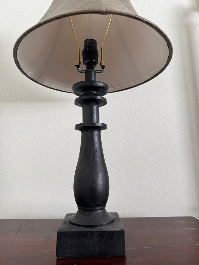 Rustic Black Turned Wood Table Lamp With Tan Animal Print Faux Leather Bell Shade 27'H [Photo 4]
