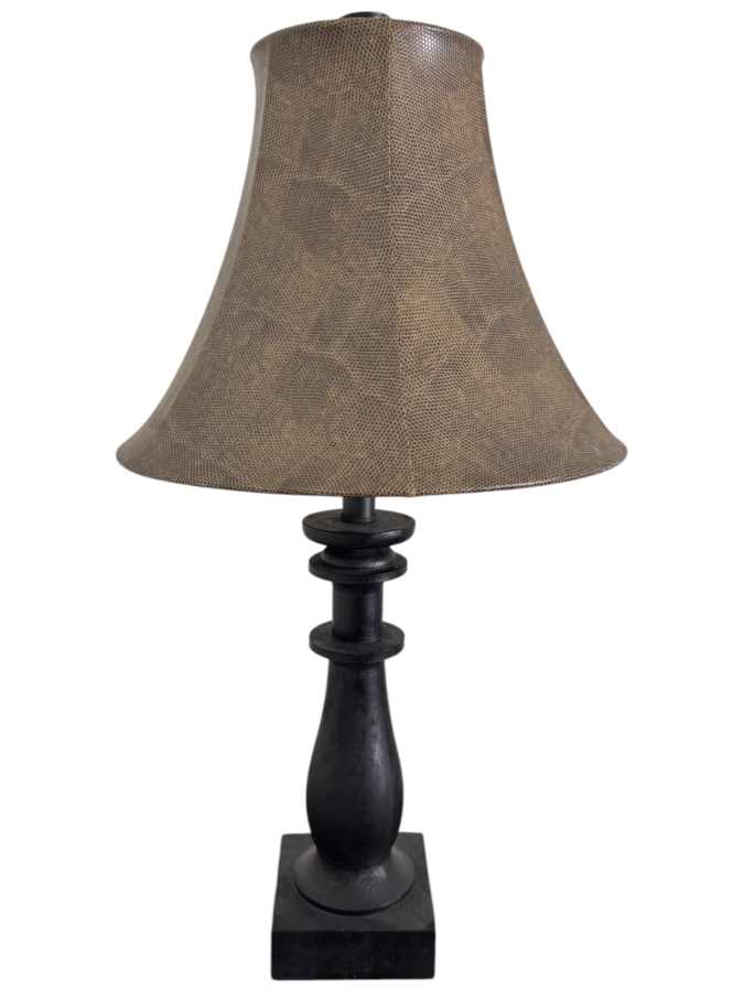 Rustic Black Turned Wood Table Lamp With Tan Animal Print Faux Leather Bell Shade 27'H