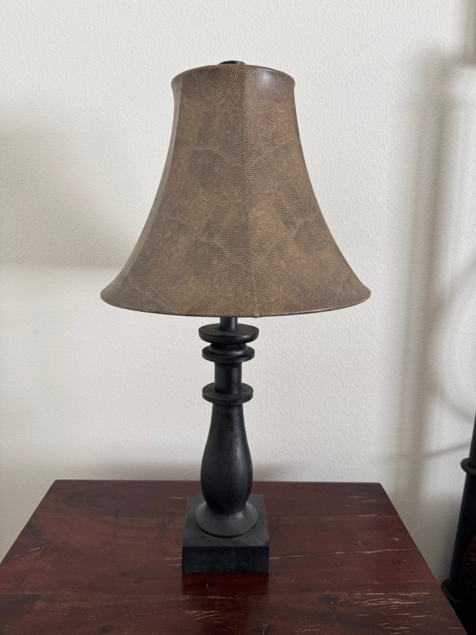 Rustic Black Turned Wood Table Lamp With Tan Animal Print Faux Leather Bell Shade 27'H [Photo 2]