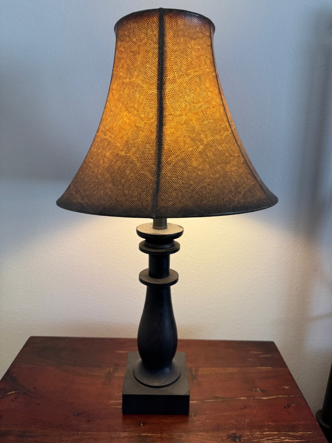 Rustic Black Turned Wood Table Lamp With Tan Animal Print Faux Leather Bell Shade 27'H [Photo 5]