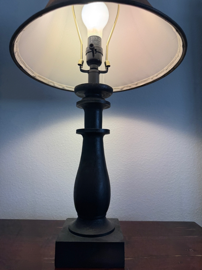 Rustic Black Turned Wood Table Lamp With Tan Animal Print Faux Leather Bell Shade 27'H [Photo 6]