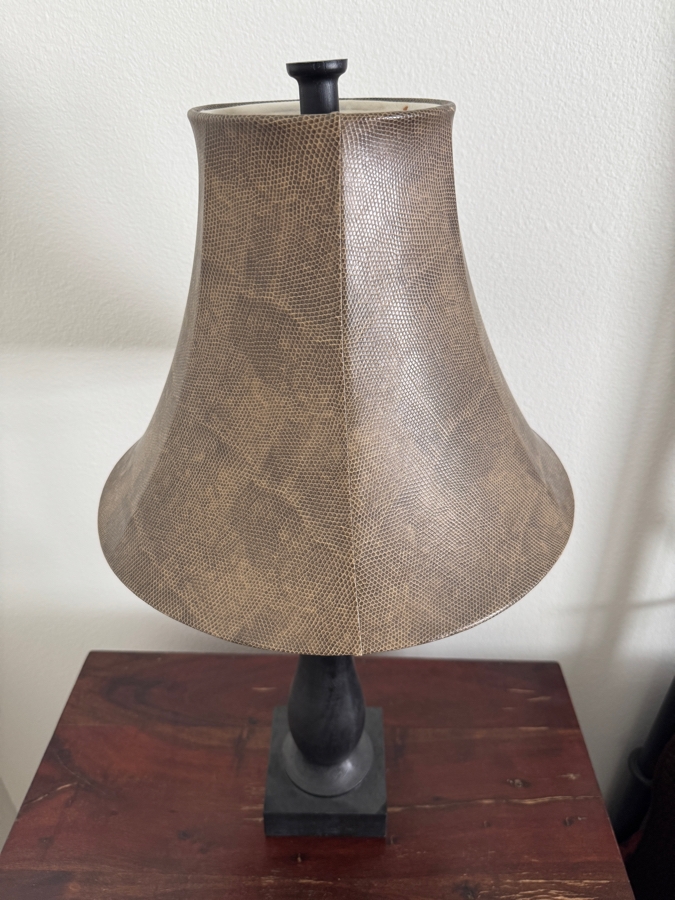 Rustic Black Turned Wood Table Lamp With Tan Animal Print Faux Leather Bell Shade 27'H [Photo 3]