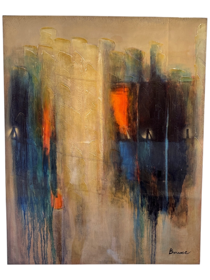 Modern Abstract Cityscape Canvas Painting With Gold Impasto And Navy Drips 40'W X 50'H