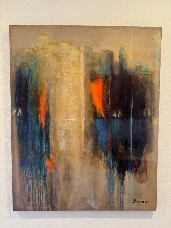 Modern Abstract Cityscape Canvas Painting With Gold Impasto And Navy Drips 40'W X 50'H [Photo 2]