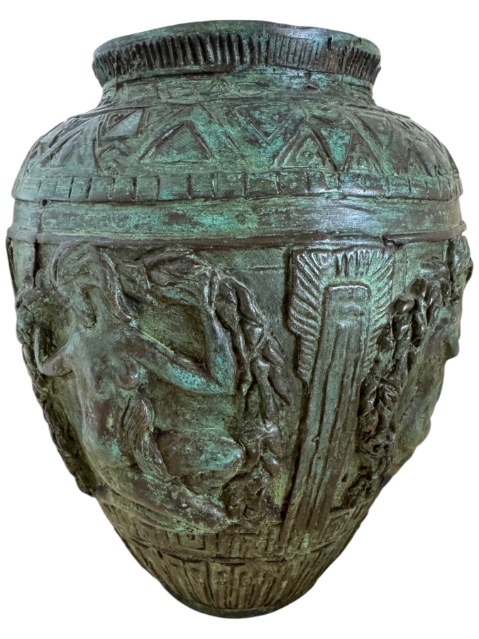 Archaic Style Bronze Neoclassical Vase With Relief Figures And Verdigris Patina 10'H