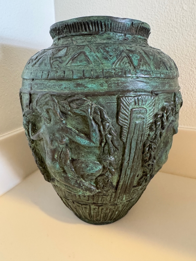 Archaic Style Bronze Neoclassical Vase With Relief Figures And Verdigris Patina 10'H [Photo 2]