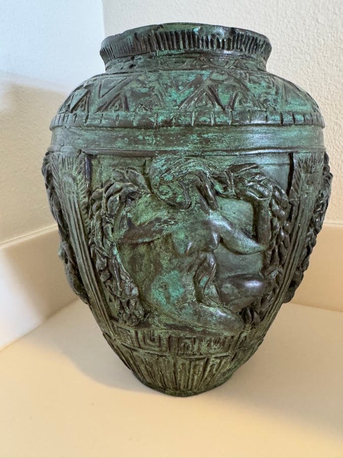 Archaic Style Bronze Neoclassical Vase With Relief Figures And Verdigris Patina 10'H [Photo 3]