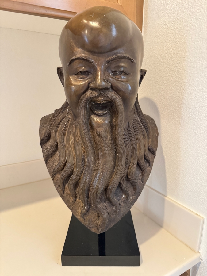 Large Bronze Bust Of Shou Lao On Black Museum Stand 22'H
