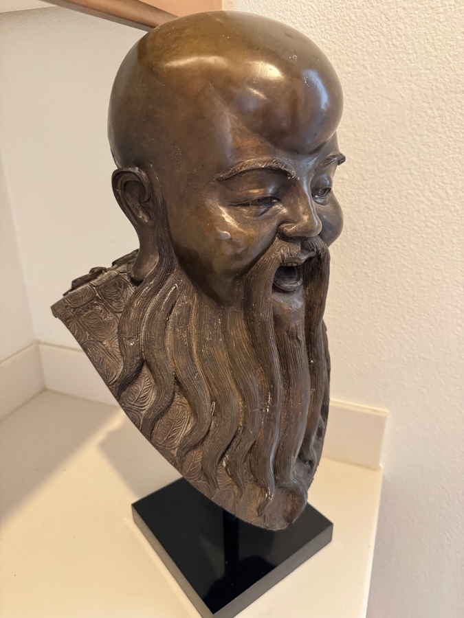 Large Bronze Bust Of Shou Lao On Black Museum Stand 22'H [Photo 3]