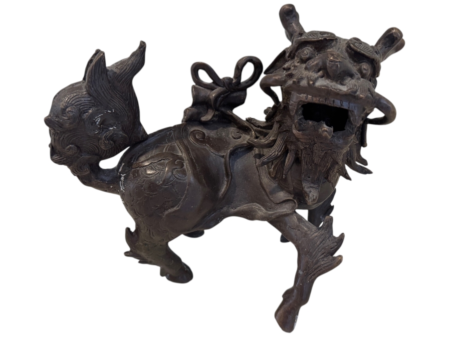 Two-Piece Vintage Japanese Bronze Komainu Shishi Incense Burner With Removable Head And Ribbon-Tied Saddlecloth