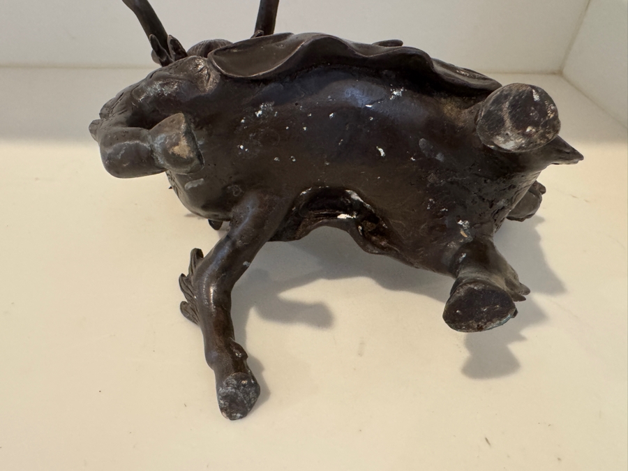 Two-Piece Vintage Japanese Bronze Komainu Shishi Incense Burner With Removable Head And Ribbon-Tied Saddlecloth [Photo 6]