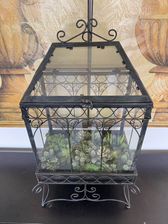 Victorian Style Wrought Iron Wardian Case Terrarium Featuring Gothic Arched Glass Panels And An Ornate Scrolled Stand With Faux Succulent Garden Display 18'W X 12'D X 30'H [Photo 4]