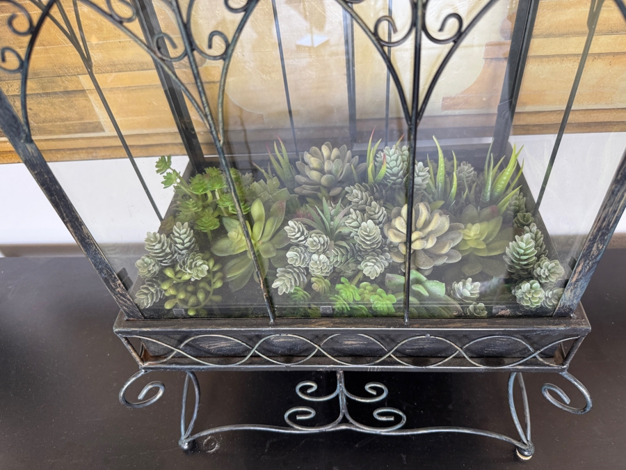 Victorian Style Wrought Iron Wardian Case Terrarium Featuring Gothic Arched Glass Panels And An Ornate Scrolled Stand With Faux Succulent Garden Display 18'W X 12'D X 30'H [Photo 6]