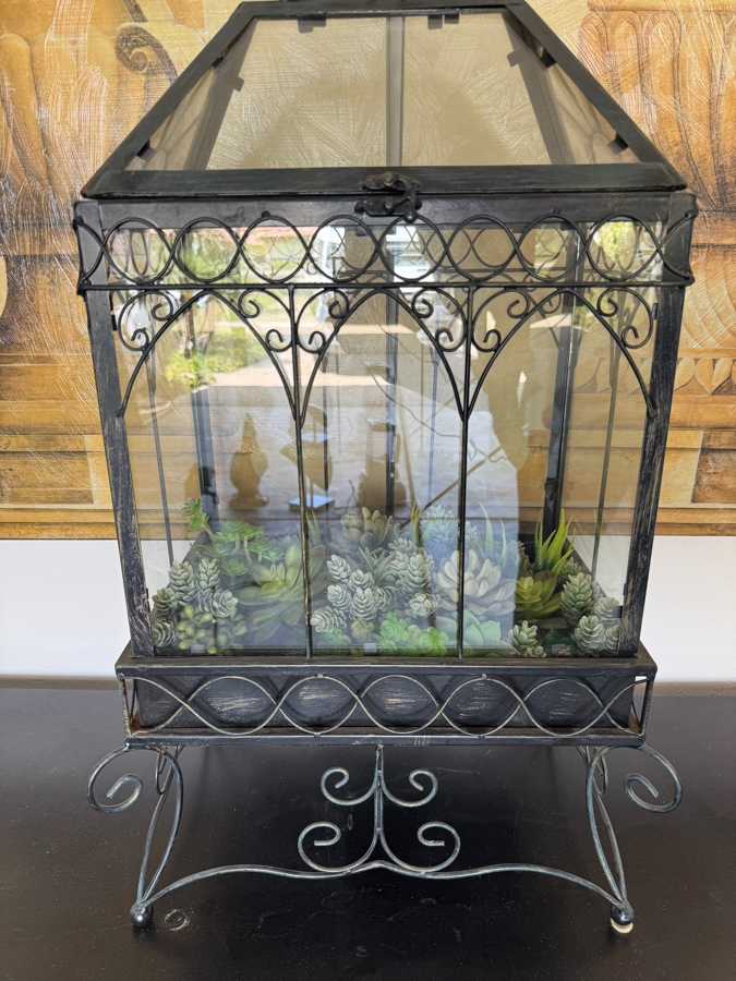 Victorian Style Wrought Iron Wardian Case Terrarium Featuring Gothic Arched Glass Panels And An Ornate Scrolled Stand With Faux Succulent Garden Display 18'W X 12'D X 30'H [Photo 5]