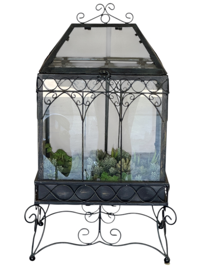Victorian Style Wrought Iron Wardian Case Terrarium Featuring Gothic Arched Glass Panels And An Ornate Scrolled Stand With Faux Succulent Garden Display 18'W X 12'D X 30'H [Photo 2]