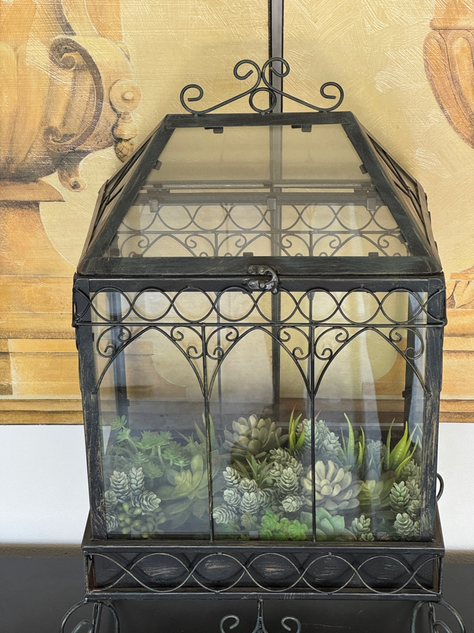 Victorian Style Wrought Iron Wardian Case Terrarium Featuring Gothic Arched Glass Panels And An Ornate Scrolled Stand With Faux Succulent Garden Display 18'W X 12'D X 30'H [Photo 3]