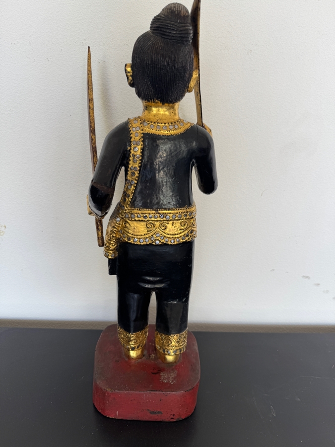 Vintage Hand-Carved Gilded Burmese Nat Wood Statue Of A Guardian Warrior Spirit Holding Two Swords On A Red Base 22'H [Photo 5]