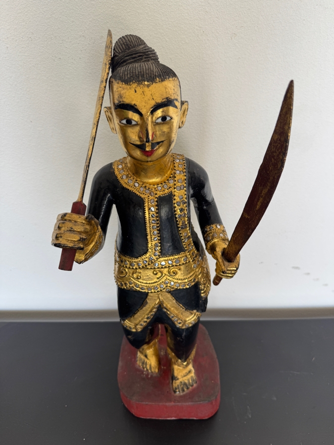 Vintage Hand-Carved Gilded Burmese Nat Wood Statue Of A Guardian Warrior Spirit Holding Two Swords On A Red Base 22'H [Photo 3]