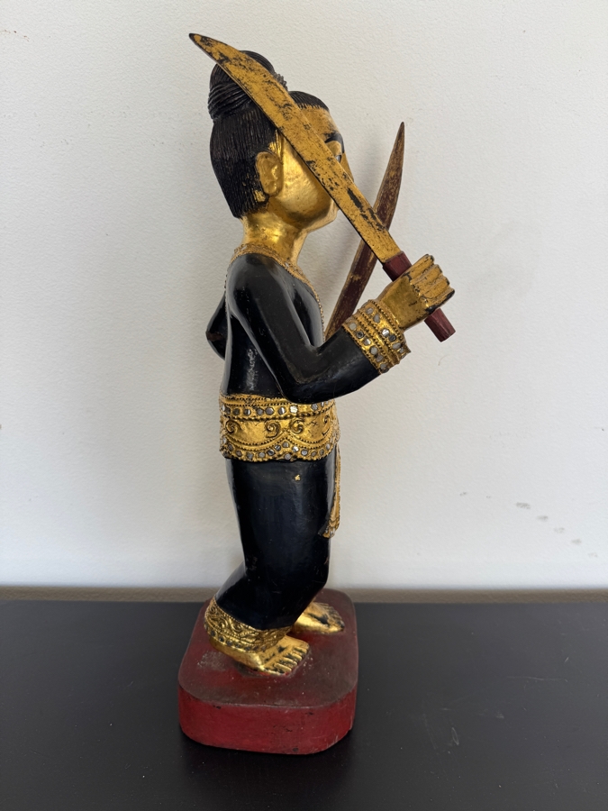 Vintage Hand-Carved Gilded Burmese Nat Wood Statue Of A Guardian Warrior Spirit Holding Two Swords On A Red Base 22'H [Photo 4]