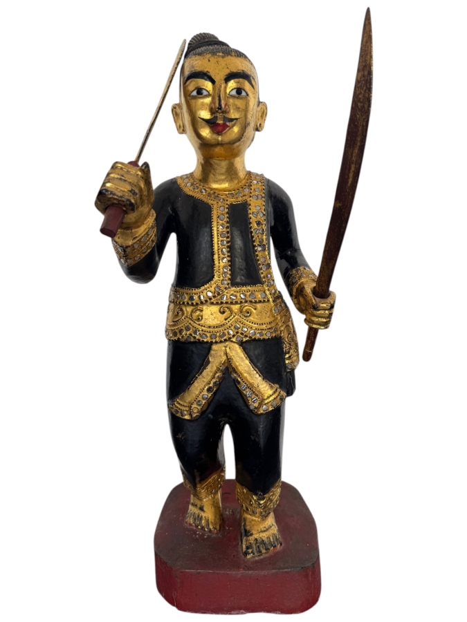 Vintage Hand-Carved Gilded Burmese Nat Wood Statue Of A Guardian Warrior Spirit Holding Two Swords On A Red Base 22'H