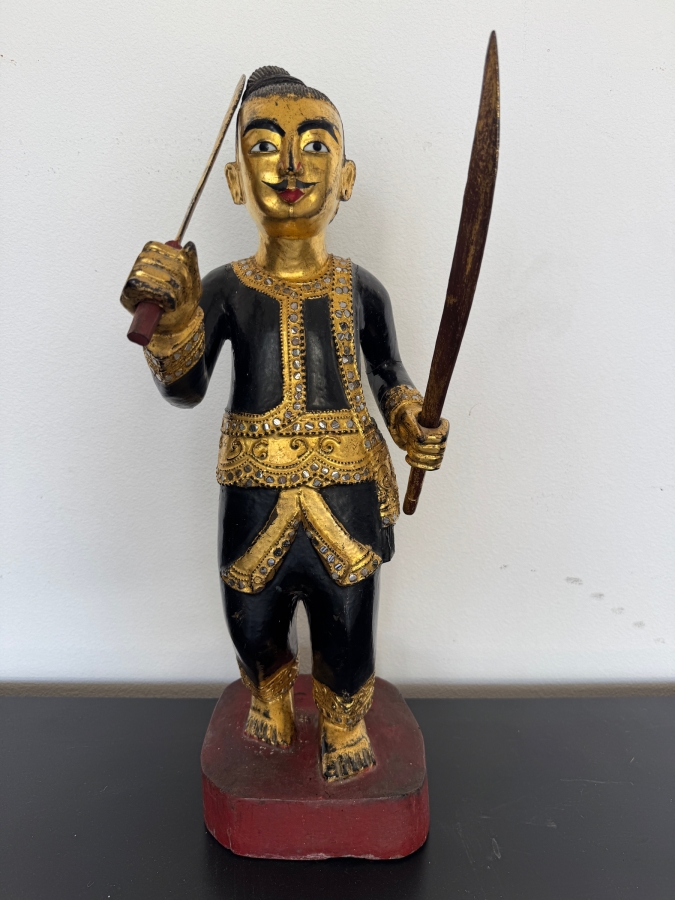 Vintage Hand-Carved Gilded Burmese Nat Wood Statue Of A Guardian Warrior Spirit Holding Two Swords On A Red Base 22'H [Photo 2]