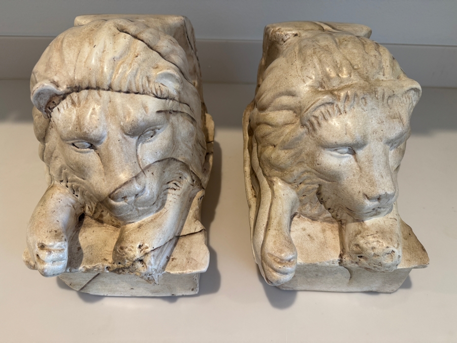 Pair Of Vintage Cast Plaster Recumbent Lion Statues Inspired By Antonio Canova On Rectangular Bases Made In Mexico 14'W X 8'D X 10'H [Photo 5]