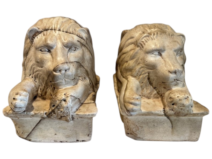 Pair Of Vintage Cast Plaster Recumbent Lion Statues Inspired By Antonio Canova On Rectangular Bases Made In Mexico 14'W X 8'D X 10'H