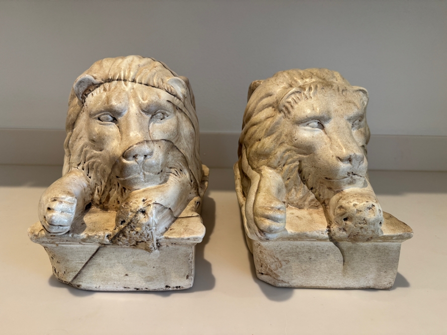Pair Of Vintage Cast Plaster Recumbent Lion Statues Inspired By Antonio Canova On Rectangular Bases Made In Mexico 14'W X 8'D X 10'H [Photo 4]